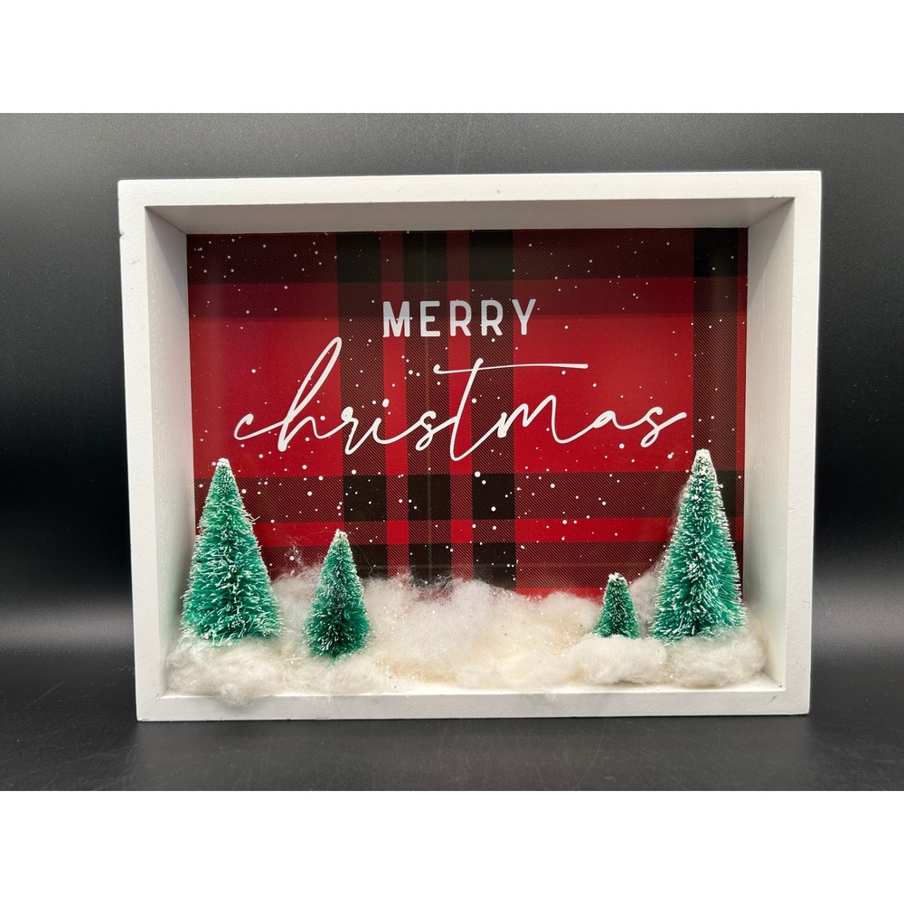 Merry Christmas Shadow Box Sign Red Buffalo Plaid Bottle Brush Trees 10x8" Decor